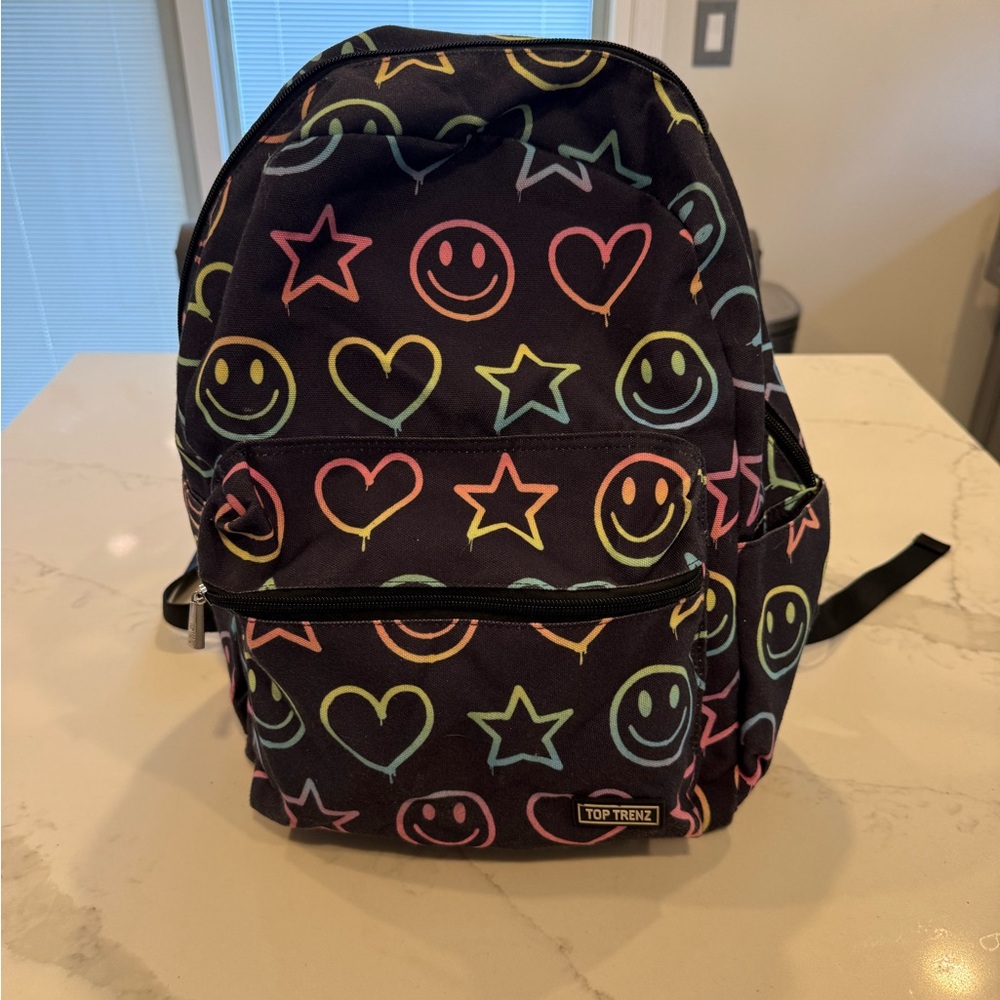 Kids' Black Backpack with Neon Smiley Faces